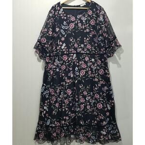 Kiyonna Dress Womens 3X Black Floral Embroidered Mesh Midi Flutter Sleeve Party